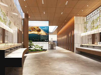 Modern Spacious Public Toilet With Warm Wood Finish And Natural Marble Interior Design 3d model