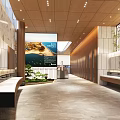 Modern Spacious Public Toilet With Warm Wood Finish And Natural Marble Interior Design