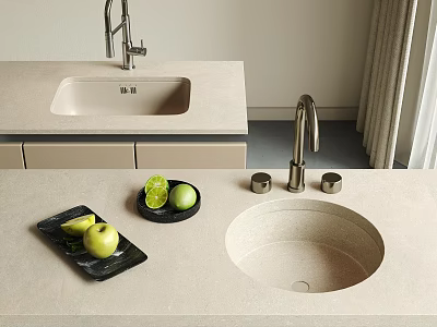 Modern Kitchen Countertop With Round Kitchen Sink Faucet And Fresh Fruits 3d model