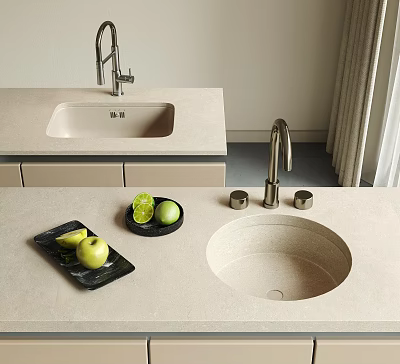 Modern Kitchen Countertop With Round Kitchen Sink Faucet And Fresh Fruits 3d model