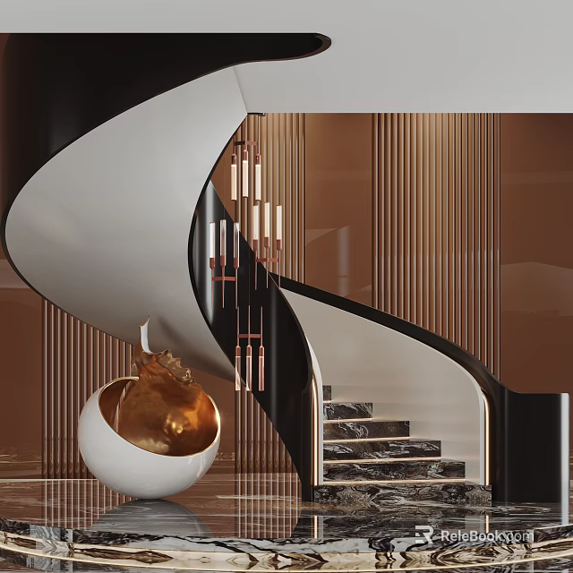 Spiral Staircase With Marble Steps Golden Sculpture White Spherical Base Brown Striped Wall Long Chandeliers 3d model 