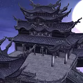 Ancient Temple on Floating Rocks with Full Moon and Lotus in Purple Night Sky