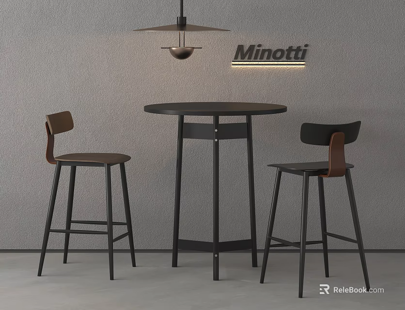 Modern Minotti Round Bar Table With Black Brown Bar Stools Set 3d model 