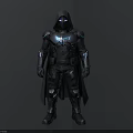 Hooded Warrior Character in Black Armor with Blue Glowing Accents 3D Render