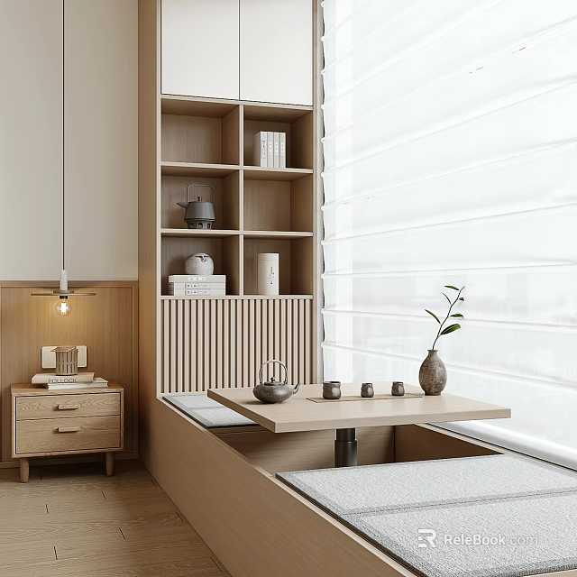 Minimalist Japanese Tatami Room With Low Table Tea Set And Window Blinds 3d model 