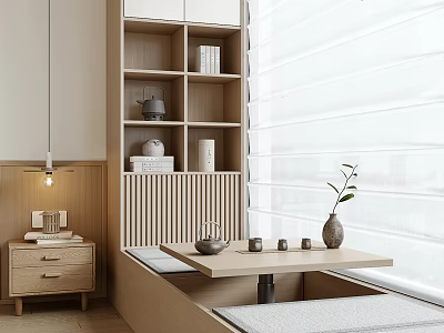 Minimalist Japanese Tatami Room With Low Table Tea Set And Window Blinds 3d model