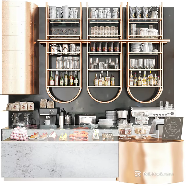 Modern Bar Counter With Shelves Holding Glassware Bottles Coffee Machine And Pastries On Marble Top 3d model 