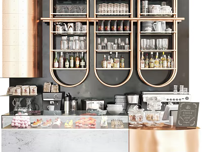 Modern Bar Counter With Shelves Holding Glassware Bottles Coffee Machine And Pastries On Marble Top 3d model