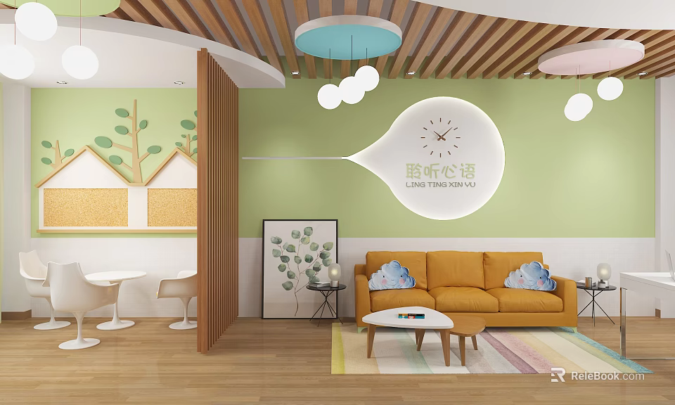 Cozy Kids Leisure Area With Green Walls Wooden Ceiling Yellow Sofa Colorful Rug Coffee Table 3d model 