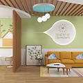 Cozy Kids Leisure Area With Green Walls Wooden Ceiling Yellow Sofa Colorful Rug Coffee Table
