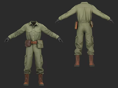 Military Green Utility Jumpsuit With Belt Cargo Pockets And Brown Boots 3d model Military Green Utility Jumpsuit With Belt Cargo Pockets And Brown Boots 3d model