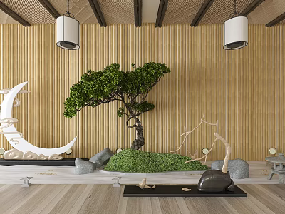 Elegant Mini Garden Decor With Bonsai Tree Moon Shaped Decoration Stones And Wooden Wall 3d model