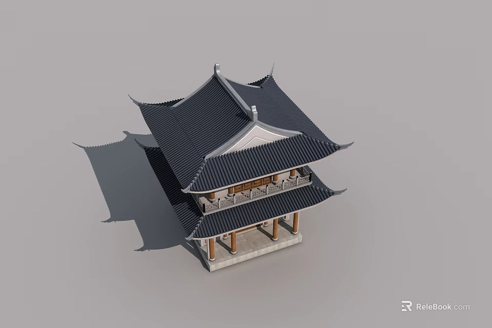 Wooden Swing Door In Traditional Chinese Multi Story Pavilion With Overhanging Eaves And Black Tiles 3d model 
