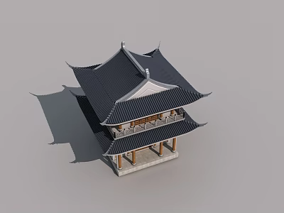 Wooden Swing Door In Traditional Chinese Multi Story Pavilion With Overhanging Eaves And Black Tiles 3d model