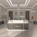 Modern Showroom Interior With Display Counter Tables Chairs And Circular Wall Lighting