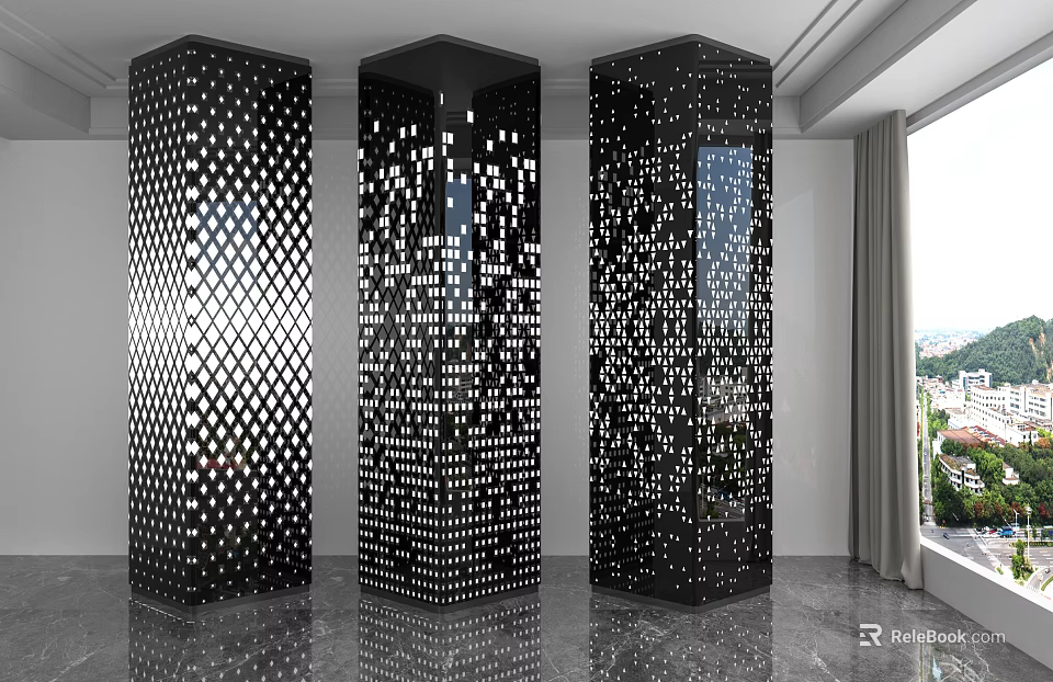 Three Modern Decorative Columns With Geometric Perforated Patterns In Indoor Space 3d model 
