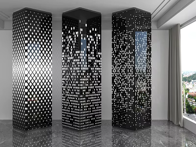 Three Modern Decorative Columns With Geometric Perforated Patterns In Indoor Space 3d model