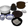 Assorted Kitchenware Collection Including Ceramic Bowls Iron Pots Clay Pots and Blue White Plates