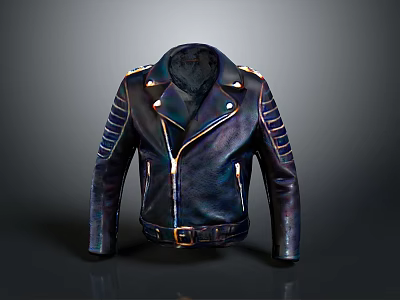 Black Biker Style Leather Jacket With Zipper Front Belt And Shoulder Details 3d model