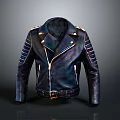 Black Biker Style Leather Jacket With Zipper Front Belt And Shoulder Details