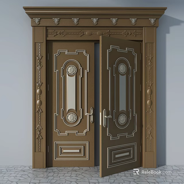 Elegant Classical Wooden Double Doors With Ornate Carved Patterns And Glass Panels 3d model 
