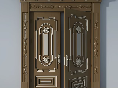 Elegant Classical Wooden Double Doors With Ornate Carved Patterns And Glass Panels 3d model