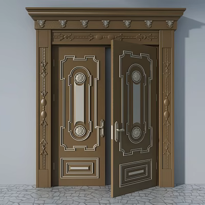 Elegant Classical Wooden Double Doors With Ornate Carved Patterns And Glass Panels 3d model