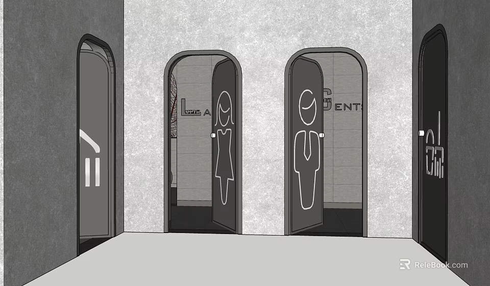 Hotel Restrooms Entrance Design With Ladies And Gents Signs And Accessible Facility 3d model 