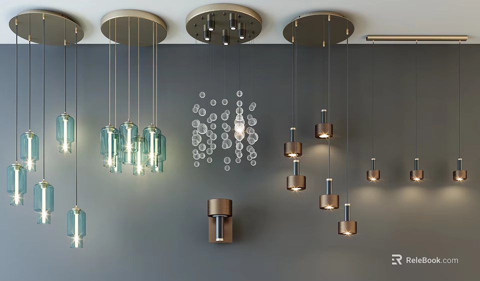 Modern Lighting Combination With Pendant Lights Wall Sconces And Transparent Glass Accents 3d model 