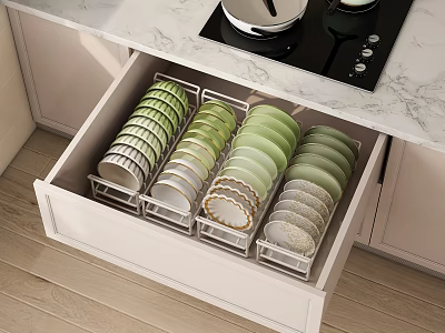 Organized Colorful Dish Set In Kitchen Drawer With Storage Racks 3d model