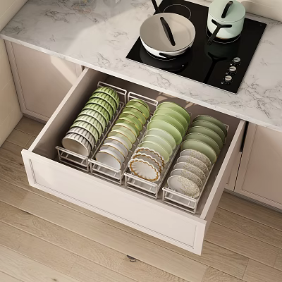 Organized Colorful Dish Set In Kitchen Drawer With Storage Racks 3d model
