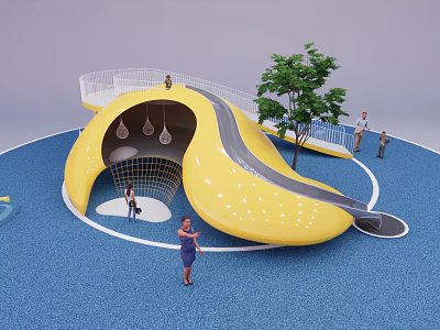 Yellow Playground Equipment with Curved Slide Blue Ground and Tree in Outdoor Kids Area 3d model