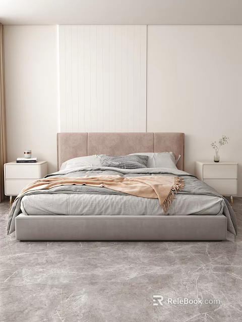 Elegant Minimalist Bedroom Interior Design With Soft Headboard Bed Nightstands And Throw Blanket 3d model 