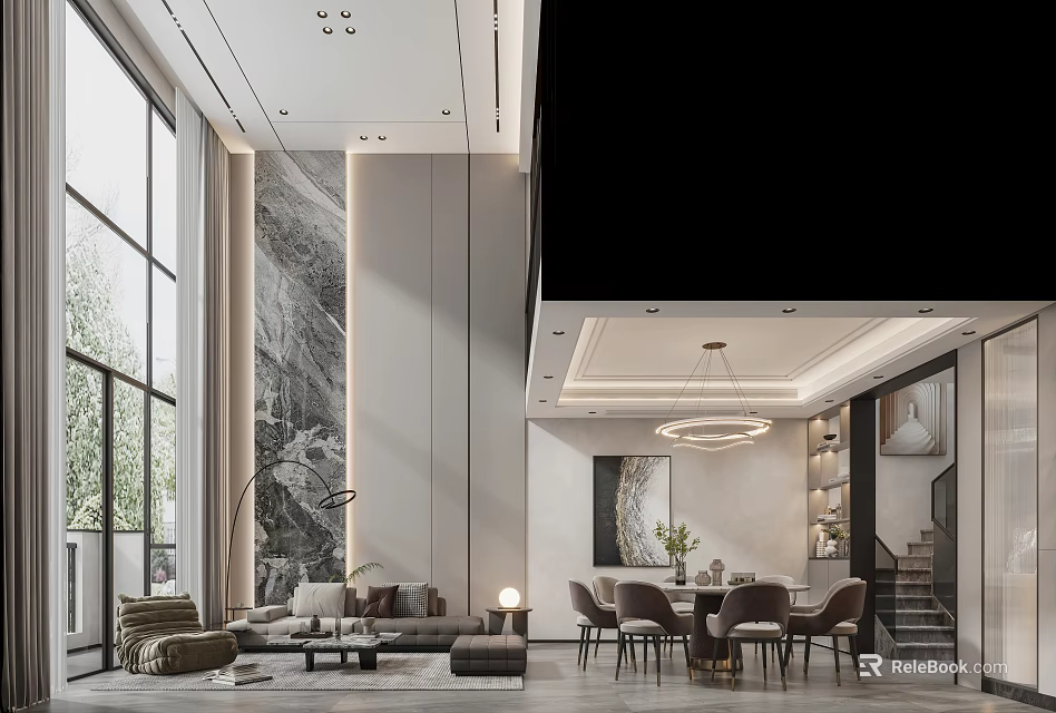Spacious Loft Living Room With Large Windows Sofa And Dining Area 3d model 