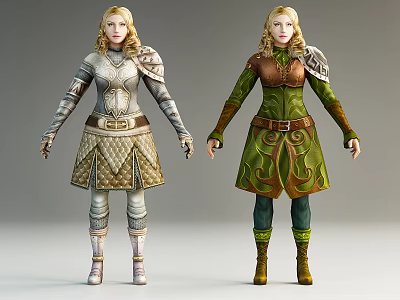 Game and Movie Character Outfits Featuring Silver Armor and Green Attire With Decorative Details 3d model