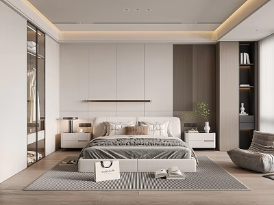 Modern Minimalist Bedroom With Headboard Paneling Bedside Tables Lamps Rug Accent Chair And Gray Curtains 3d model