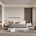 Modern Minimalist Bedroom With Headboard Paneling Bedside Tables Lamps Rug Accent Chair And Gray Curtains