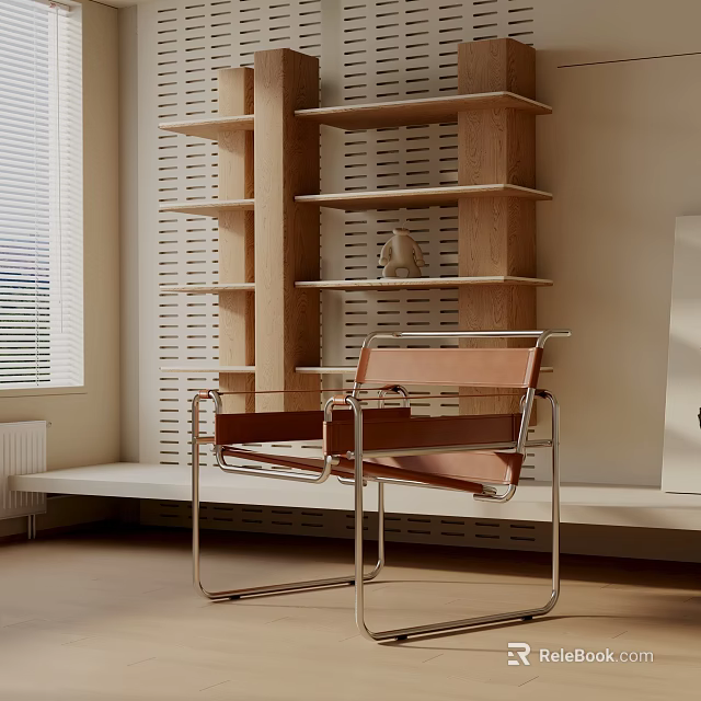 Modern Brown Leather Lounge Chair With Chrome Frame And Wooden Shelves 3d model 