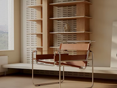 Modern Brown Leather Lounge Chair With Chrome Frame And Wooden Shelves 3d model