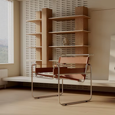 Modern Brown Leather Lounge Chair With Chrome Frame And Wooden Shelves 3d model