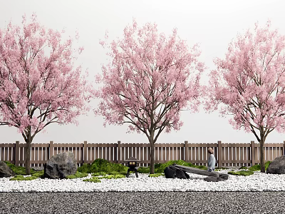 Pink Blossom Trees in Garden Landscape with Wooden Fence Pebbles Rocks and Green Plants 3d model
