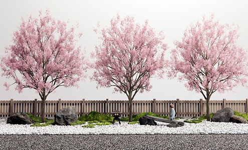 Cherry tree peach tree landscape tree courtyard landscape sketch stone fence 3d model