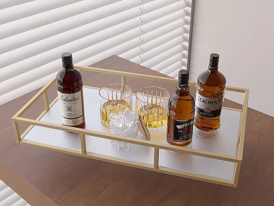 Elegant Whiskey Bottles And Drinking Glasses On Golden Tray With Window Blinds 3d model