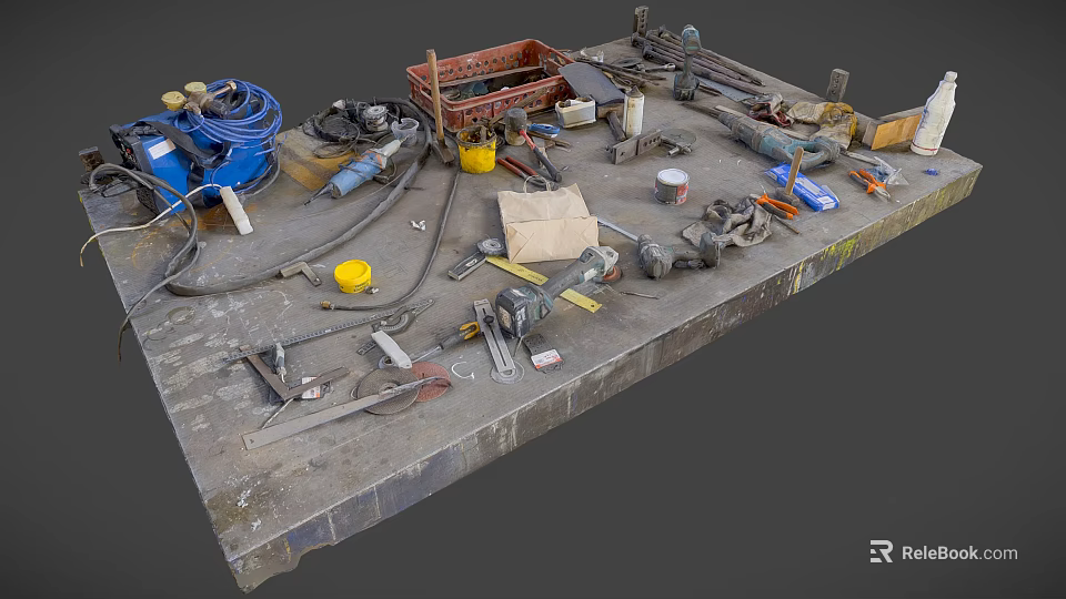 Cluttered Workbench Surface With Various Tools Hoses Boxes Containers And Supplies 3d model 