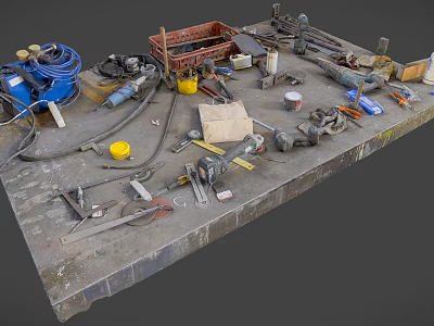 Cluttered Workbench Surface With Various Tools Hoses Boxes Containers And Supplies 3d model