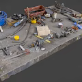Cluttered Workbench Surface With Various Tools Hoses Boxes Containers And Supplies