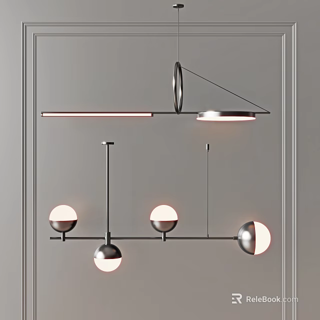 Modern Pendant Lights With Spherical Lamps And Linear Metal Frame For Interior Design 3d model 