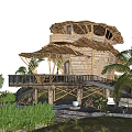 Bamboo Waterfront Guesthouse With Unique Roof Design Wooden Deck And Palm Trees