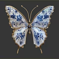Decorative Butterfly Ornament With Blue And White Patterns And Gold Edges On Stand
