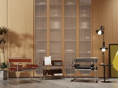 Modern Leisure Chairs with Metal Frames and Leather Cushions in Wooden Interior and Floor Lamp 3d model